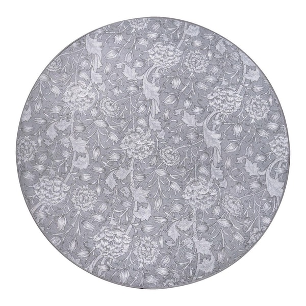 My Magic Carpet Kalini Gray Floral 6 ft. x 6 ft. Washable Round Area Rug