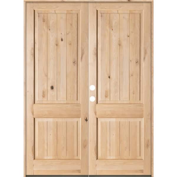 72 in. x 96 in. Rustic Knotty Alder Square Top Unfinished /V-Groove Right-Hand Inswing Wood Double Prehung Front Door
