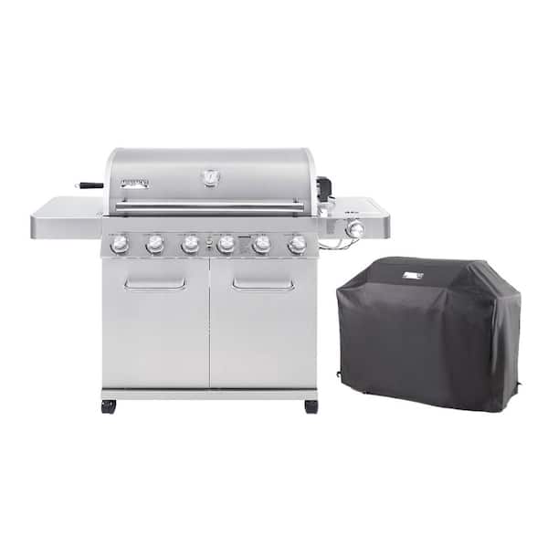 6-Burner Propane Gas Grill in Stainless with LED Controls, Side Burner, Rotisserie Kit, and Grill Cover