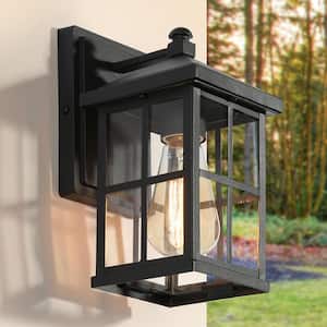 Frosted Black Outdoor Sconce for Front Door Porch Entry Modern Wall Light with Clear Glass Plaid Shade 1-Light Wall Lamp