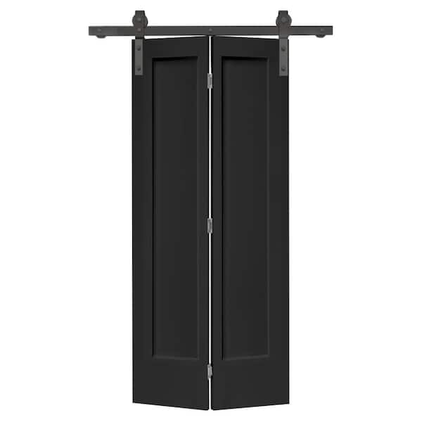 36 in. x 80 in. 1 Panel Shaker Black Painted MDF Composite Bi-Fold Barn Door with Sliding Hardware Kit