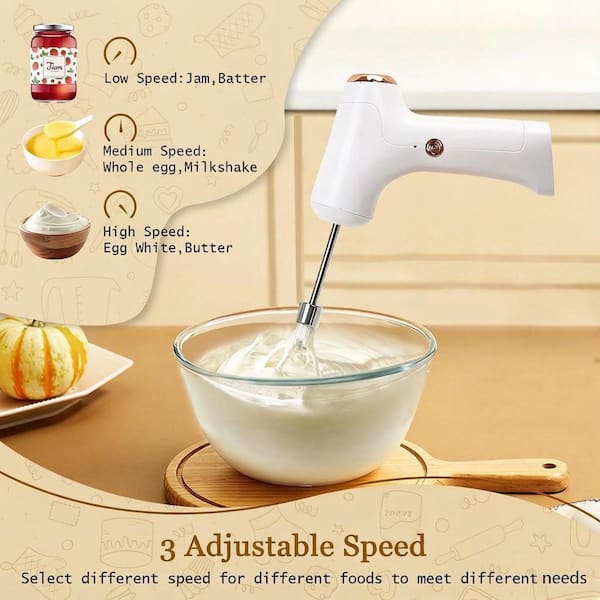 Wudkey Cordless Hand Mixer, 3-Speed Handheld Electric Whisk with 2
