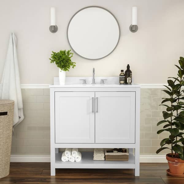 Carnegy Avenue 36 in. W x 19 in. D x 38 in. H Bathroom Vanity in White with White Stone Top