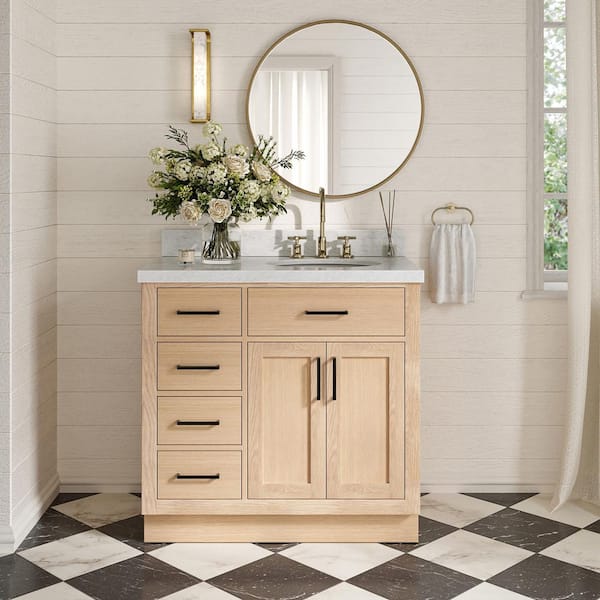 ARIEL Hepburn 36 in. Single Sink Freestanding Bathroom Vanity in Oak with Carrara White Marble Top