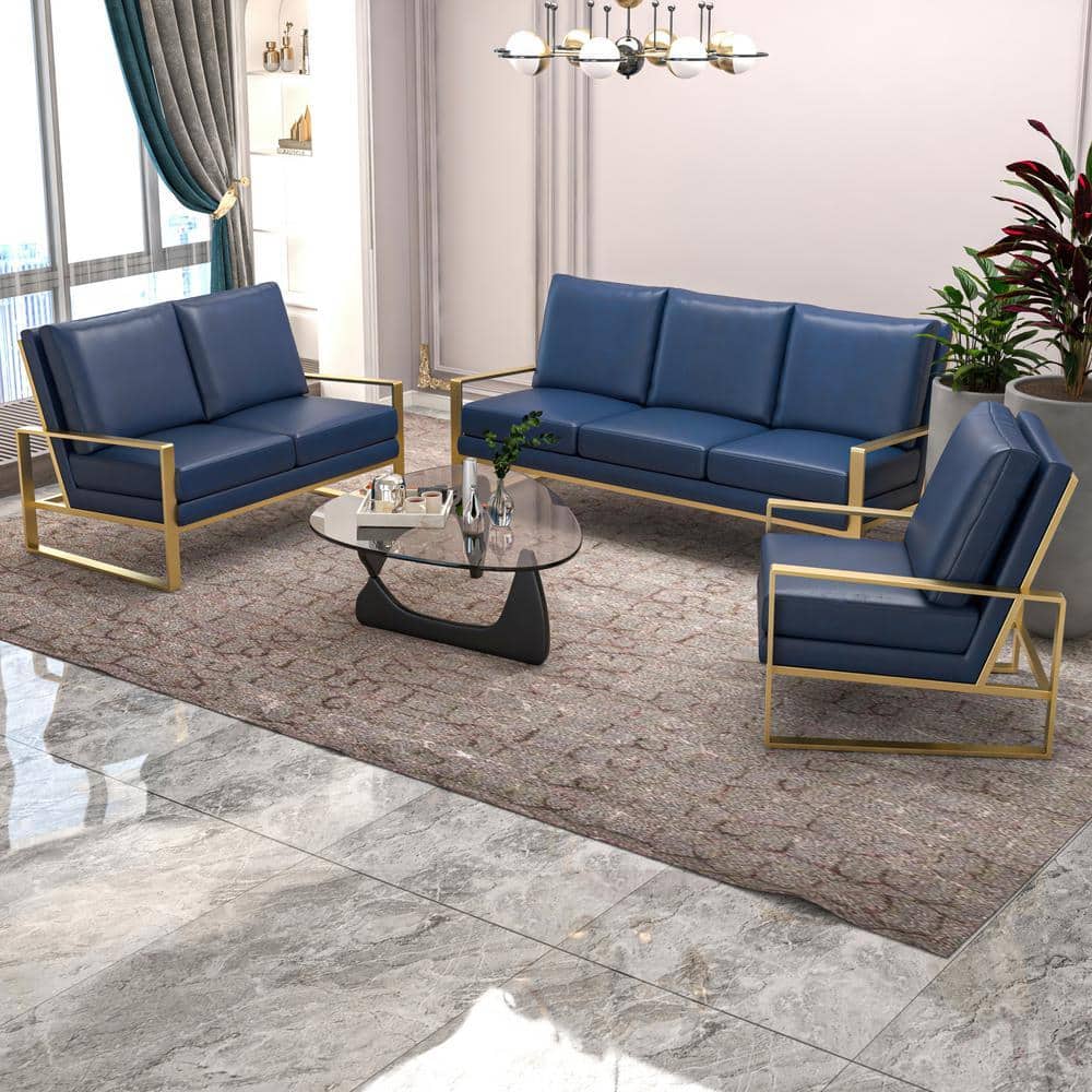 Leisuremod 3-Piece Sofa Set Upholstered in Leather with Gold