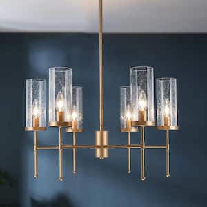 Modern Satin Gold Island Chandelier 6-Light Transitional Candlestick Linear Chandelier with Seeded Glass Shades