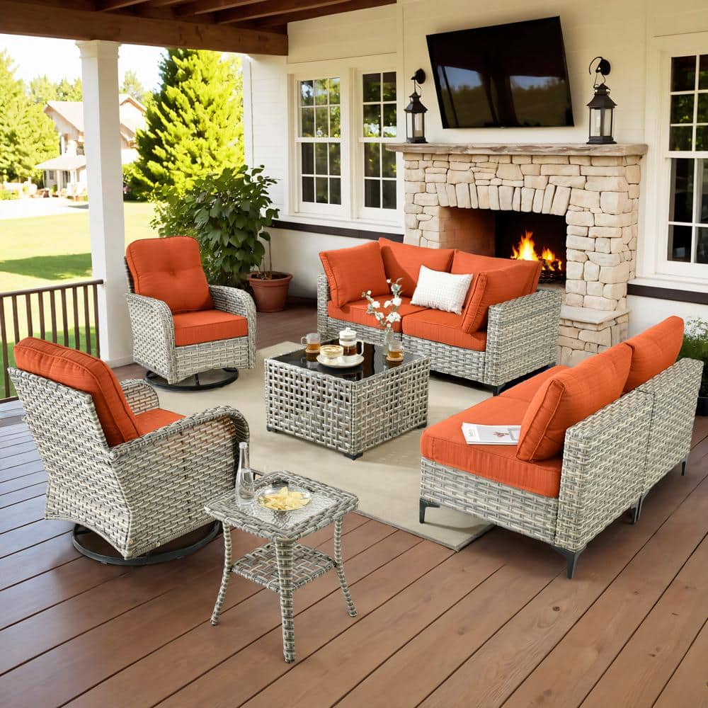 Holston 8-Piece Wicker Modern Outdoor Patio Conversation Sofa Sectional Set with Swivel Chairs and Orange Red Cushions price history on PriceWatchPro
