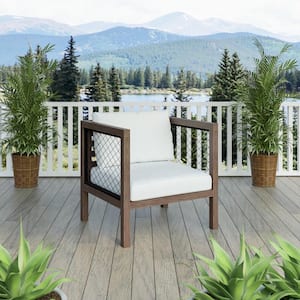 Cushioned Acacia Wood Outdoor Lounge Chair with Black Wicker and White Cushions