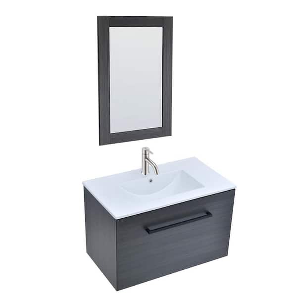 tunuo 32 in. W x 18 in. D x 20.3 in. H Single Sink Wall-Mounted Bath Vanity in Black with White Ceramic Top and Mirror