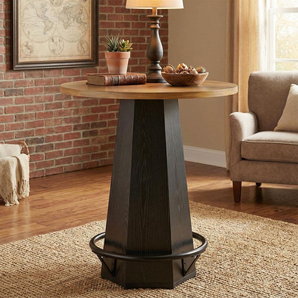 Kearsten 39.4 in. H Brown & Black Round Bar Table, Bistro Cocktail Pub Table with Metal Footrest, Industrial Home Bar price history on PriceWatchPro