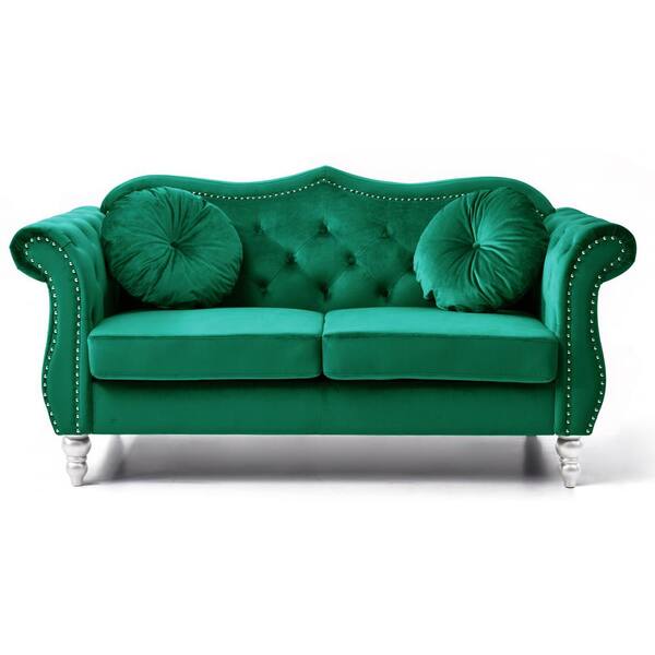 AndMakers Hollywood 68 in. Round Arm Velvet Rectangle Tufted Straight Sofa in Green