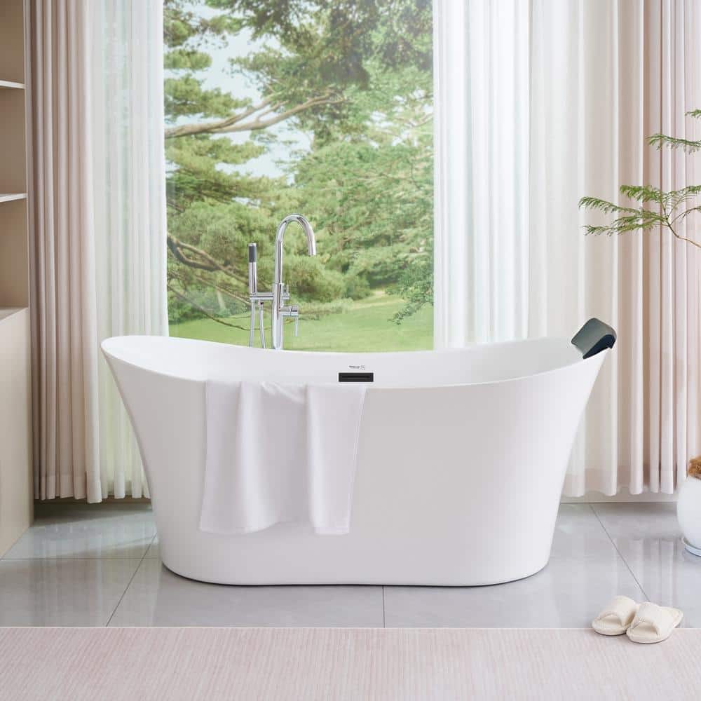 67" White Acrylic Freestanding Soaking Bathtub with Matte Black Trim