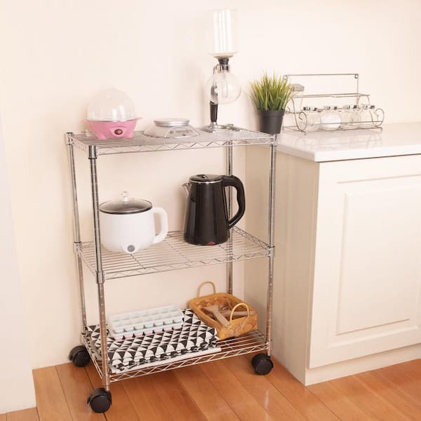 Kitchen Pantry, Simple Deluxe 3-Shelf Shelving with Wheels, Steel Organizer in Chrome