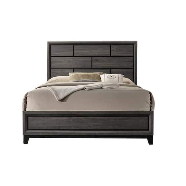 w#bdq♡ Benjara Mazie Gray and Black Wood Frame Queen Panel Bed with