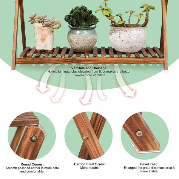 28.7 in Pine Wood 2 Tier Plant Stand X Cross Carbonized Color