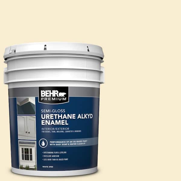 BEHR PREMIUM 5 gal. #380E-2 Lightning White Urethane Alkyd Semi-Gloss Enamel Interior/Exterior Paint