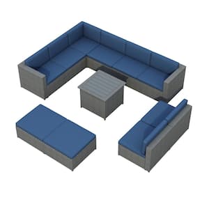 9-Piece Gray Wicker Outdoor Patio Conversation with Blue Cushions and Ottoman