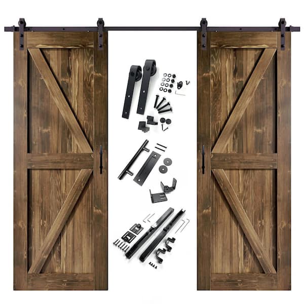 HOMACER 24 in. x 96 in. K-Frame Walnut Double Pine Wood Interior Sliding Barn Door with Hardware Kit, Non-Bypass