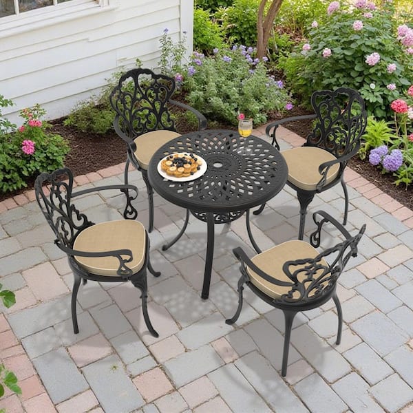 5-Piece Black Cast Aluminum Outdoor Dining Set with Off-White Cushions