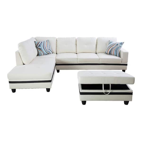 Left Facing Sectional Sofa Set, Modern White Faux Leather Sectional Sofa