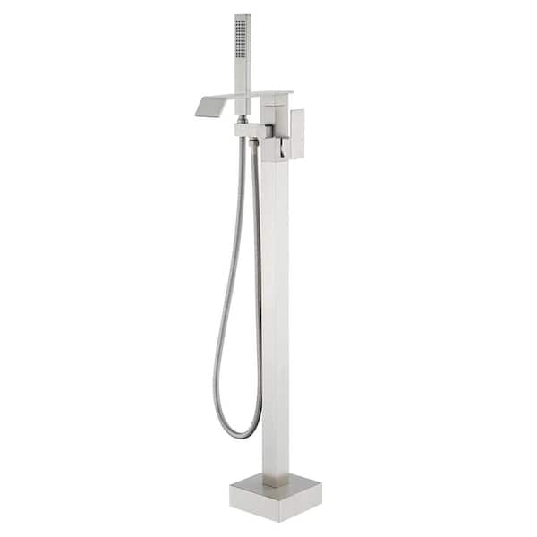 Single-Handle Waterfall Freestanding Tub Faucet with Handheld Shower 1-Hole Floor Mount Bathtub Filler in Brushed Nickel