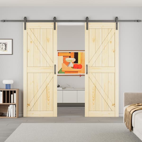ARK DESIGN 60 in. x 84 in. 2-Panel Pine Solid Wood Unfinished Double Sliding Barn Door Slab with Hardware Kit
