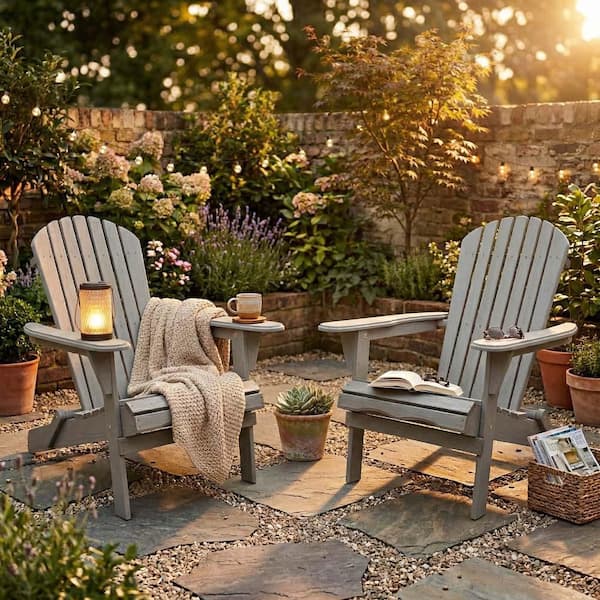 Gray Folding Wood Adirondack Chair 2-Pack, Wood Lounge Patio Chair for Outdoor, Fire Pit, Deck, Outside, Garden,Campfire