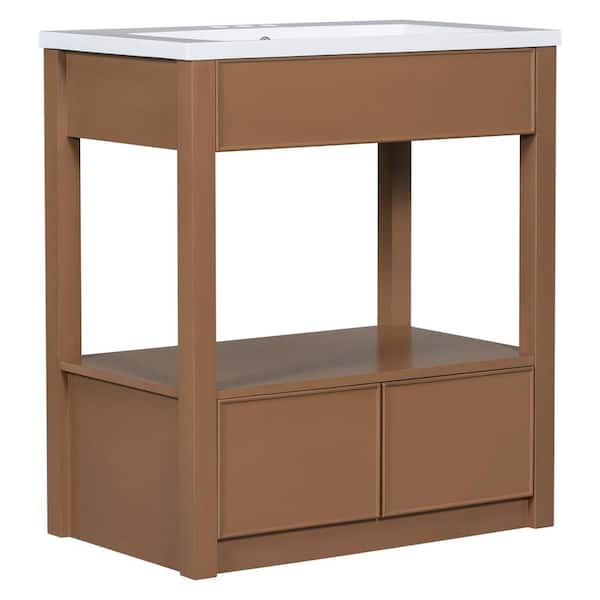 Zeus & Ruta 30 in. W x 18 in. D x 34 in. H Freestanding Bath Vanity in Brown with White Ceramic Top with Open Shelf and 2-Drawers