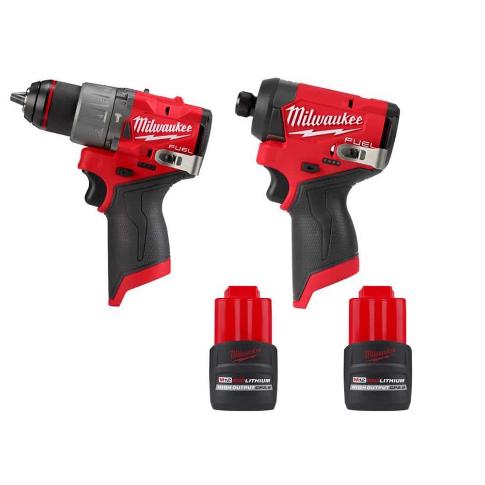 Milwaukee M12 FUEL 12V Lithium-Ion Brushless Cordless 1/4 in Impact Driver, 1/2 in Hammer Drill w/(2) M12 CP 2.5 Ah Batteries -  3453-3404-2425