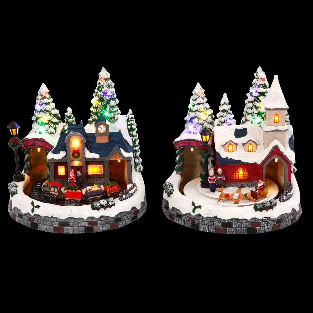 GERSON INTERNATIONAL in. H Assorted Battery Operated Christmas Village  Musical Scenes (Set of 2) 2355220EC The Home Depot