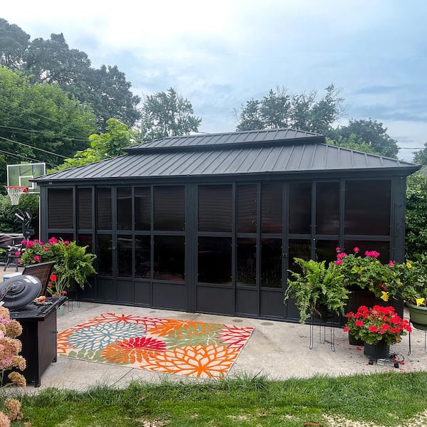 12 ft. x 20 ft. Sunroom Hardtop Gazebo Solarium Galvanized Steel Double Roof Aluminum Screen House Patio Backyard Gray
