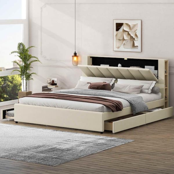 Polibi Beige Wood Frame King Platform Bed with Storage Headboard