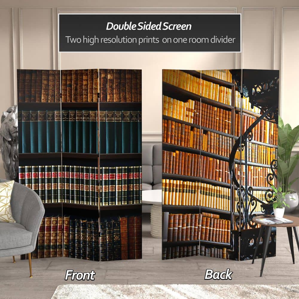 Elegant 6ft Warm Toned Library Canvas 3-Panel Folding Room Divider