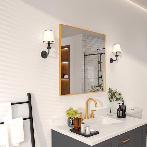 Aura 30 in. W. x 30 in. H Rectangular Framed Wall Bathroom Vanity Mirror in Brushed Gold