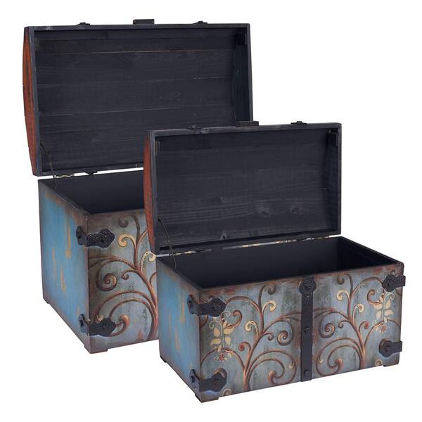 HOUSEHOLD ESSENTIALS Metal Steamer Trunk, 2-Piece Set in Blue and