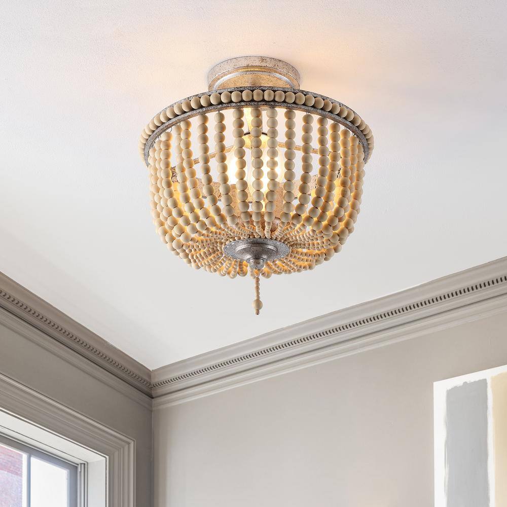 Allie 14" Antique Silver Wood Bead LED Semi Flush Mount Light