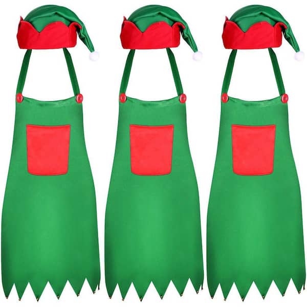 6-Piece 21 in. x 29 in. Christmas Apron and Hat Set, Red and Green Kitchen Apron with Holiday Decor for Christmas Party