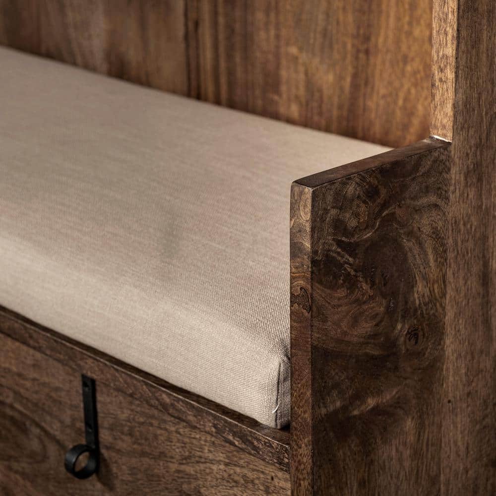 Glenn V Dark Brown Mango Wood Hall Tree with Storage and Cream Fabric Seat