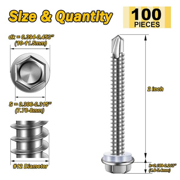 250 Vis Auto-Taraudeuses Inox Acier Inoxydable Tête Hex 12 X 2 Pouces