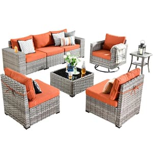 Tahoe Grey 8-Piece Wicker Outdoor Patio Conversation Sofa Set with a Swivel Rocking Chair and Orange Red Cushions