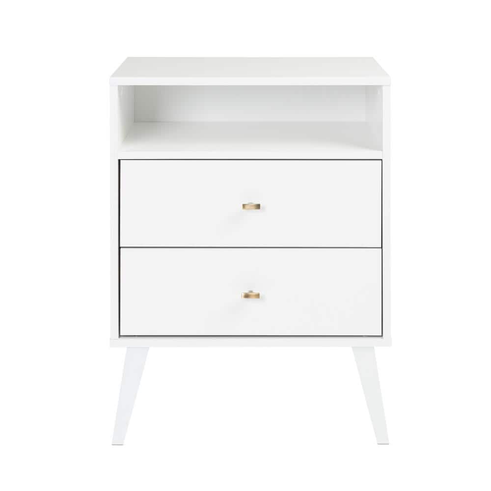White Mid Century Modern 2 Drawer Nightstand with Shelf