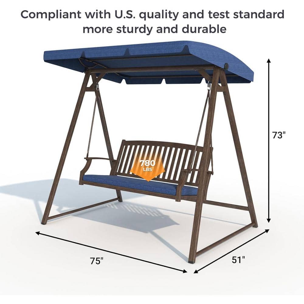 Farmhouse Dark Blue Steel Patio Swing with Adjustable Canopy and Cushions