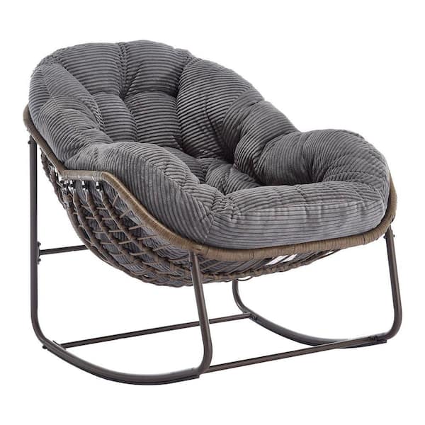 椅子 katharine-typhoon824 Wicker Outdoor Rocking Chair with Gray Cushion, Rattan Papasan