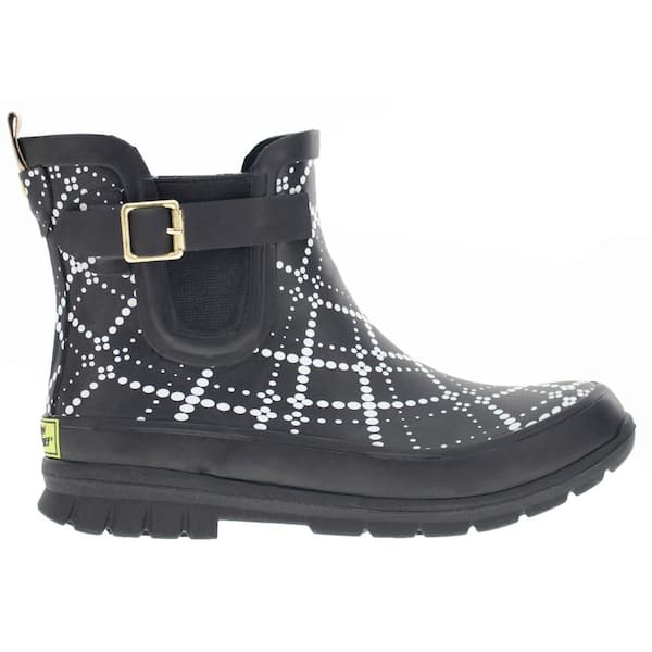 WESTERN CHIEF Women's Dot Plaid Ankle 5.5" Waterproof Rubber Rain Boot - Black size 8