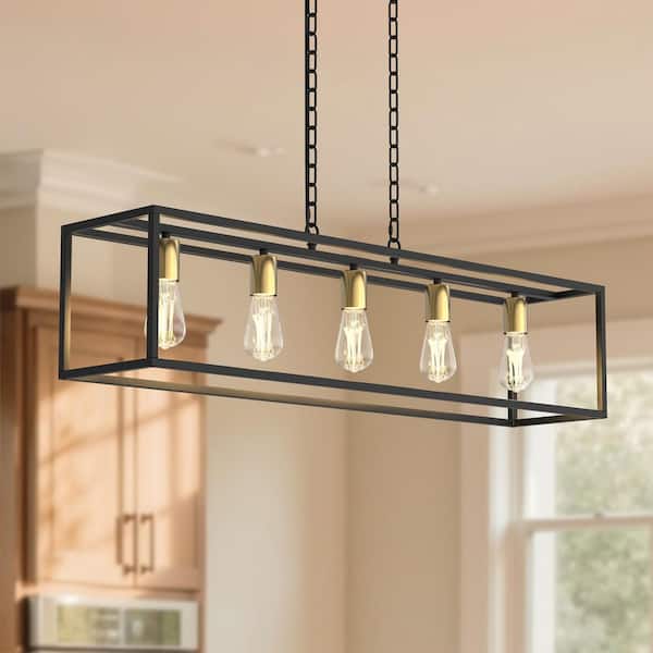 5-Light Matte Black and Gold Farmhouse Kitchen Island Lighting, Modern Rectangular Chandeliers for Dining room Foyer