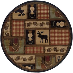 Hickory Brown/Red 8 ft. X 8 ft. Round Plaid with Deer Area Rug