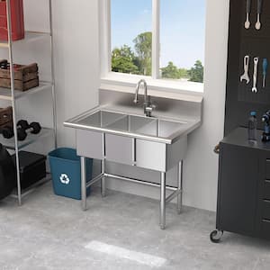 38 in. W x 24 in. D Freestanding Stainless Steel 3-Compartment Commercial Laundry/Utility Sink with Faucet and Drain