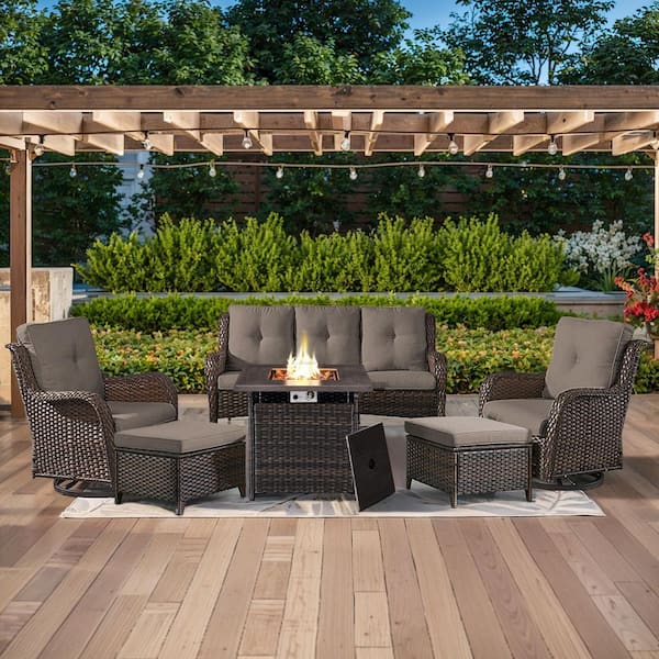 ArcoBay 6-Piece Brown Wicker Patio Square Fire Pit Conversation Set with Gray Cushions and Swivel Rocking Chairs