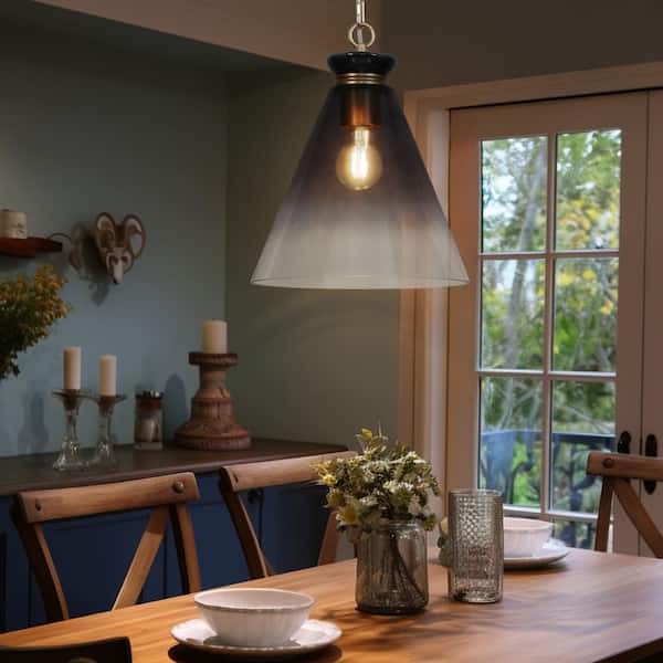 Modern Coastal 1-light Smoke-Gray Pendant Light with Hand Blown Cone Glass Shade, Dark Gold Hanging Lamp for Dining Room