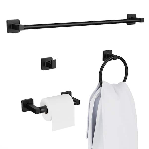 4-Piece Rectangular Bathroom Hardware Set, Bathroom Accessories with 24 in. Towel Rack Bar, Ring, Holder, Hook in Black